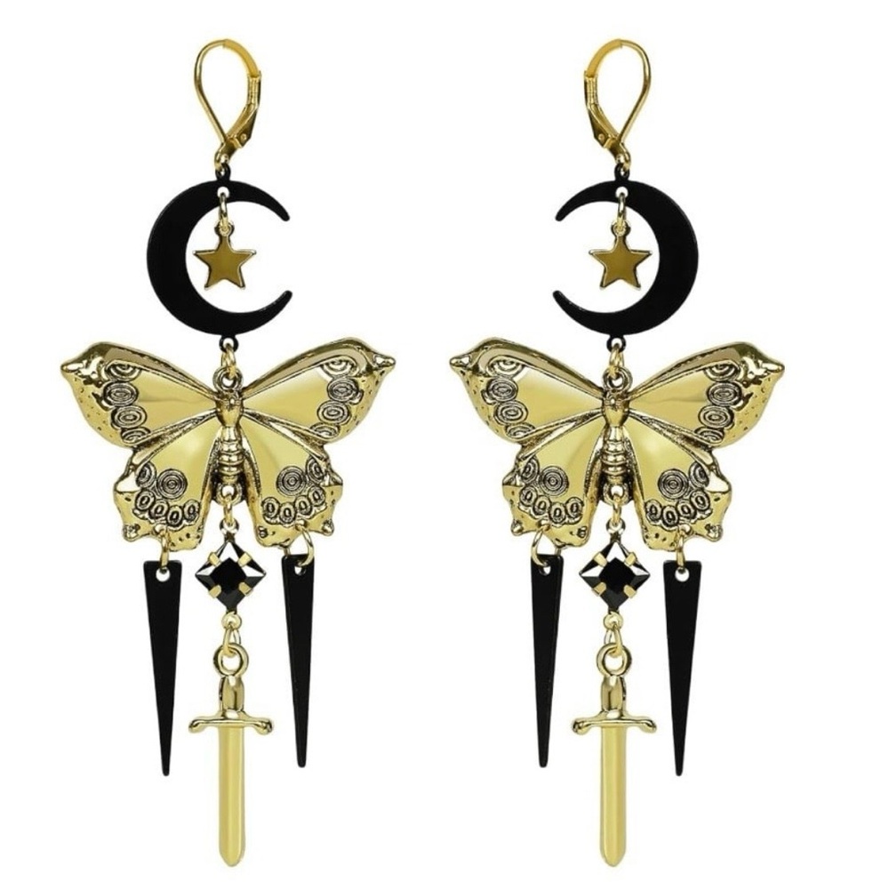 Gold & Black Butterfly Moon Drop Earrings